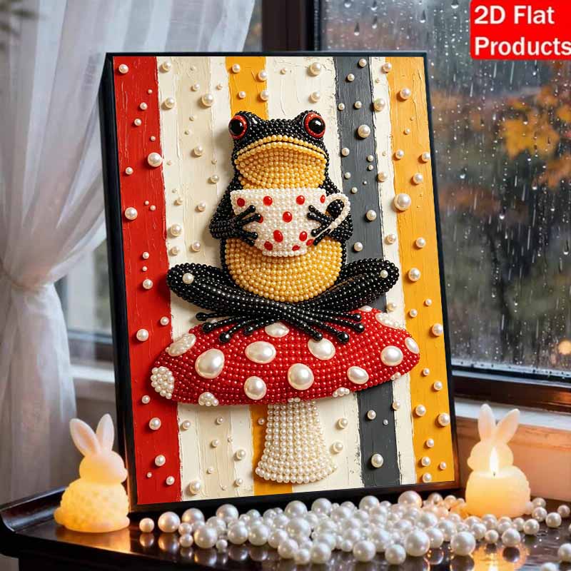 Sparkling Framed Pearl Painting Kit DIY with Cute Frog Drinking Tea 3D Bead Art Canvas Ready To Display Home Wall Decor Gift Idea Set