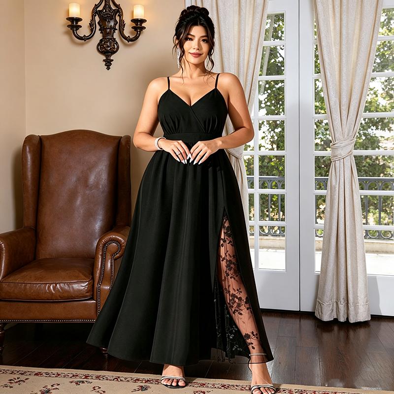 Women Plus Size Solid Color A Line Maxi Dress V Neck Wrap Floral Mesh Slit Wedding Guest