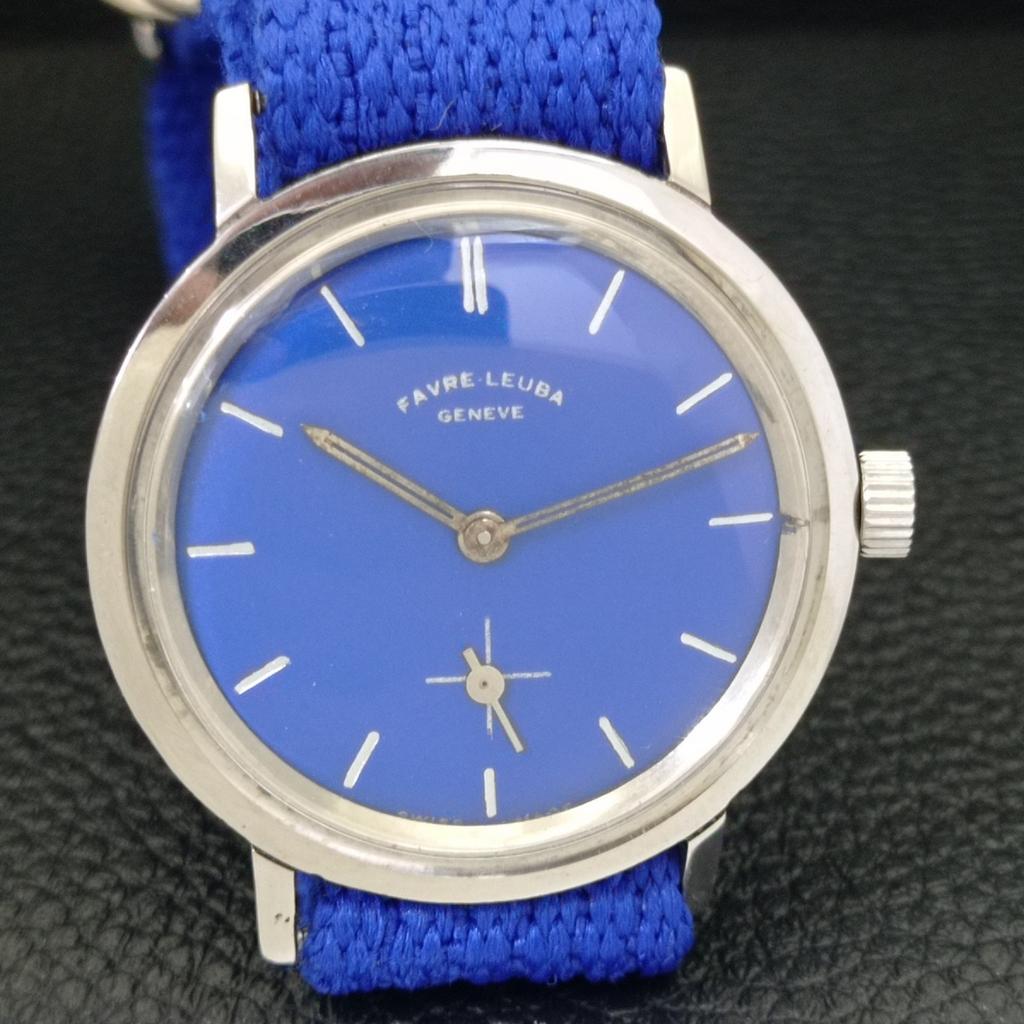 HAND-WINDING VINTAGE FAVRE LEUBA SWISS MENS BLUE COLOR DIAL WATCH A436436-2 R129-a436436