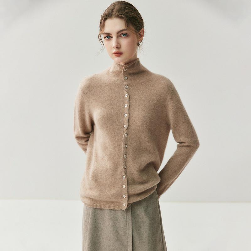 Women's Minimalist Rolled-Edge Cashmere Sweater - Semi-High Neck, Loose Fit, Slimming, Long Sleeve Knitted Base Layer