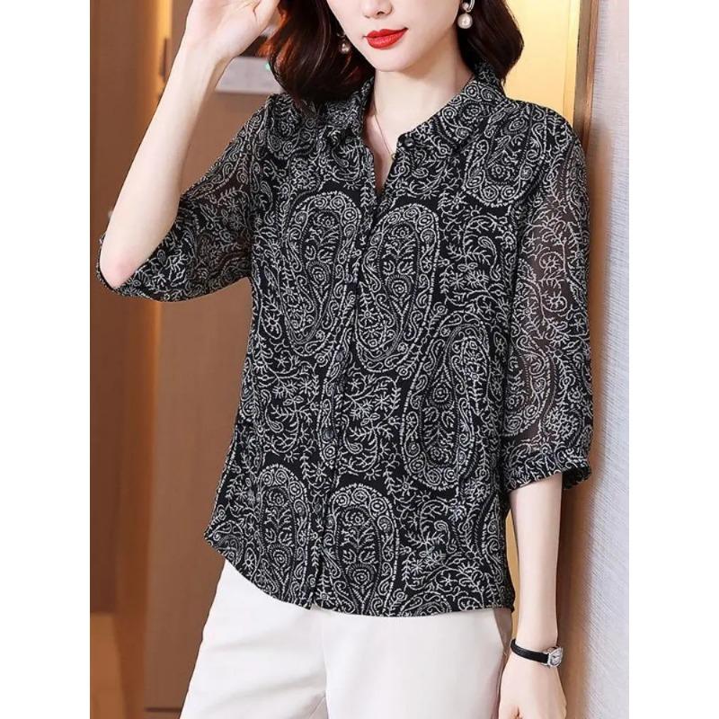 Chiffon Short Wide Lady Summer Dress New National Style Retro Three-quarter Sleeve Mom Style Floral Shirt Top