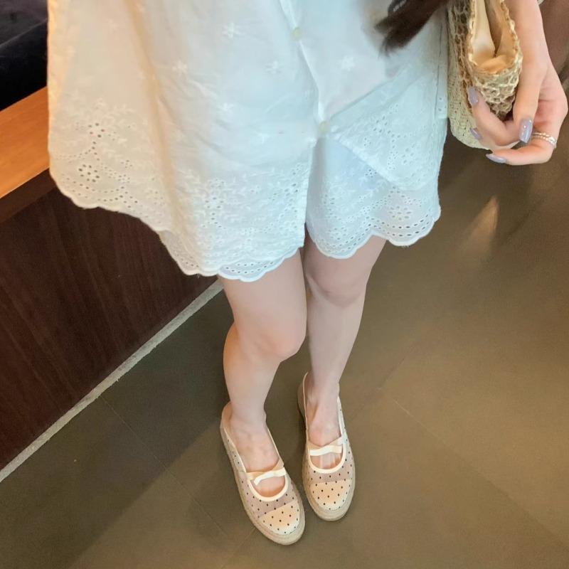 Sheepskin Version~ Polka Dot Bow Mesh Straw Woven Sandals Women's Summer Mesh Thick-soled Half-slippers Wedge Heel High-heeled Sandals