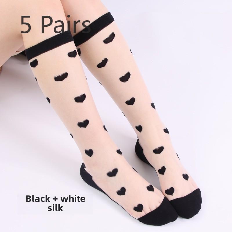 5 Pairs Women's Spring and Summer Stockings In The Tube Love Jacquard Transparent Stockings Glass Silk Stockings for Women