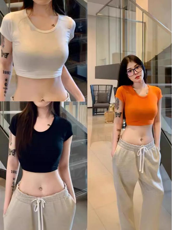 Trendy Sexy U-Neck Crop Top: Slimming and Flattering Solid Color T-Shirt for Women