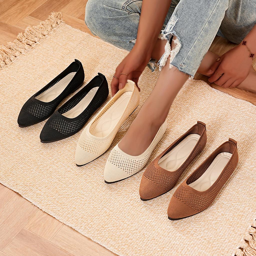 Fashion Women Pointed Toe Breathable Flat Shoes Solid Color Knitted Slip On Loafers Women Casual Lightweight Ballet Flats Shoes Women