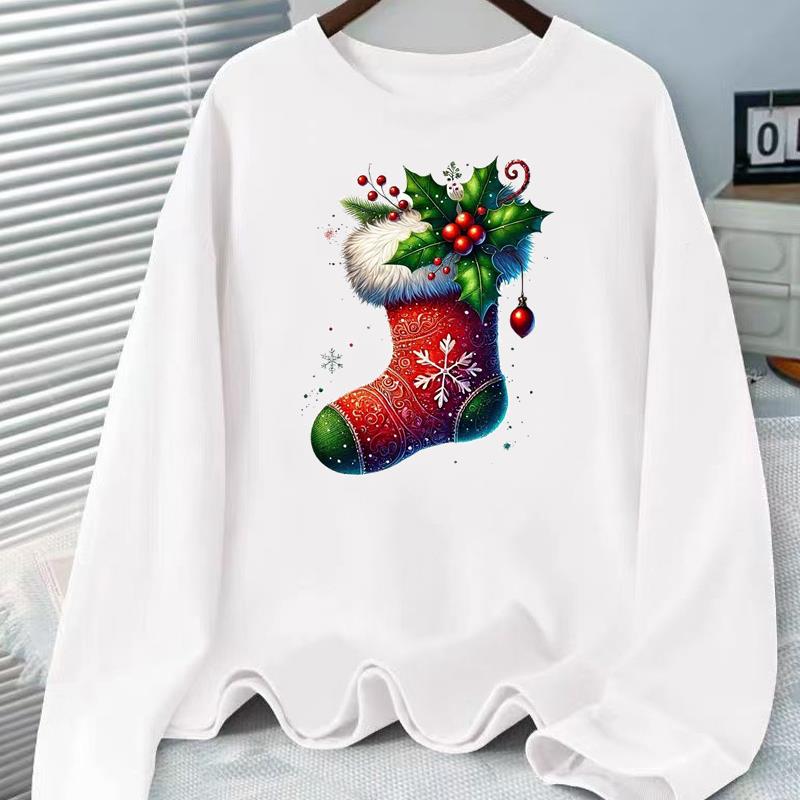 (Asian Size) Tree Sweet Christmas Holiday Graphic Tee Women Autumn Winter Casual Fashion Top Clothing Print T Shirt Long Sleeve T-shirts