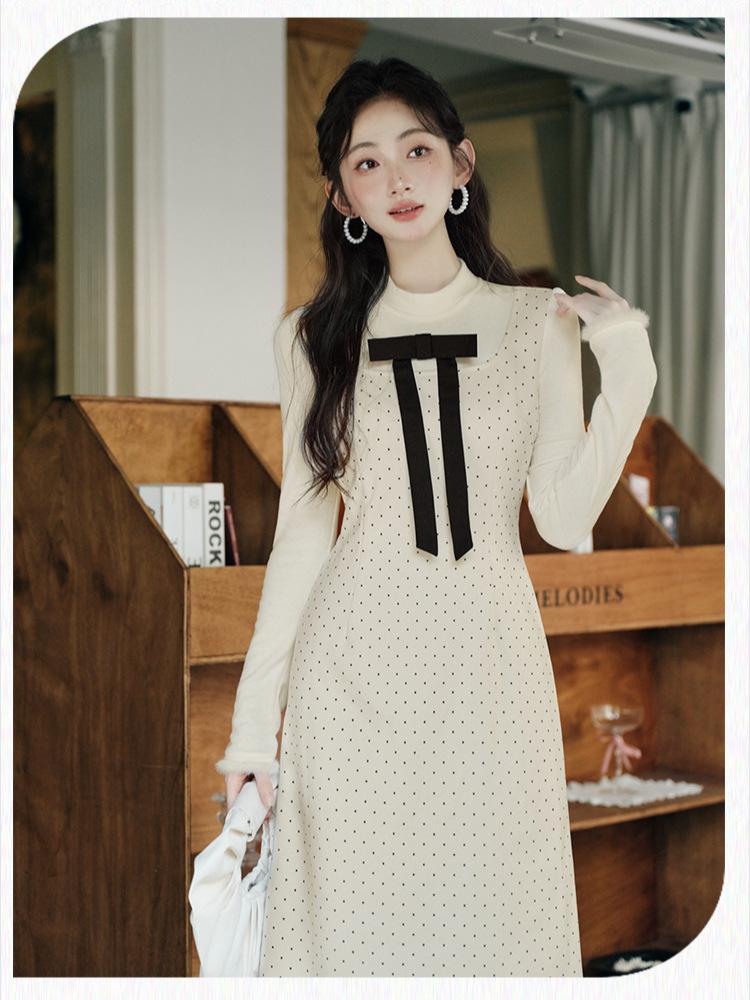 2025 Autumn/Winter Retro Artistic Polka Dot Dress & Cape Set - Elegant Long Lady-Like Style