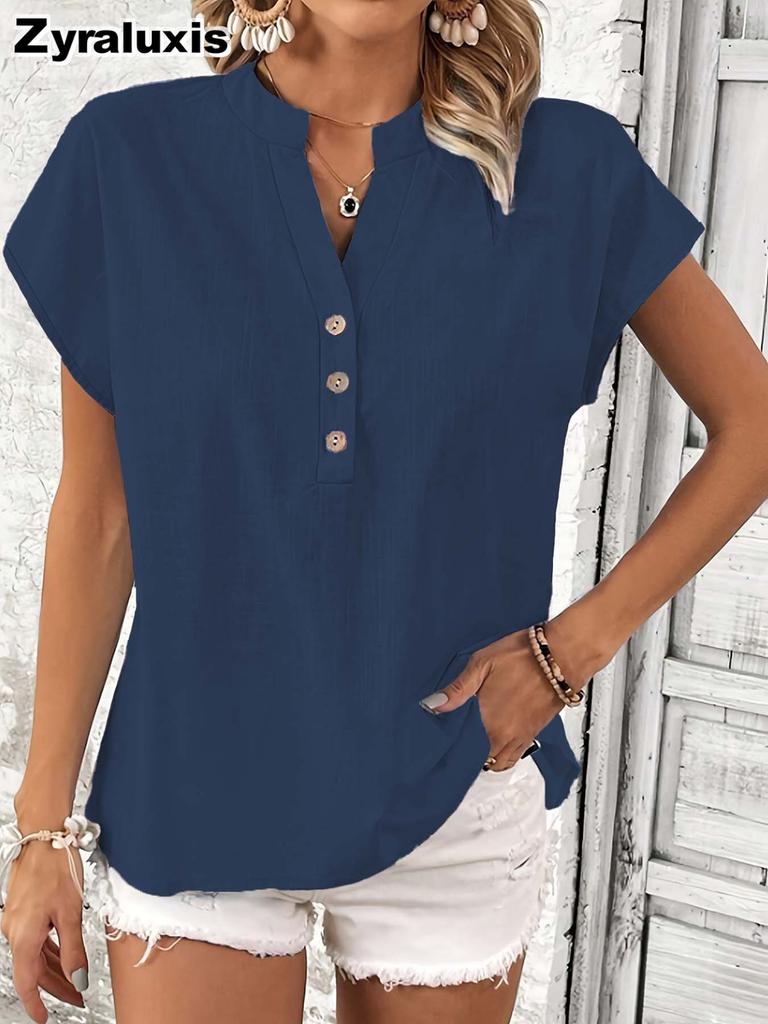 New Retro Cotton Linen Women's Casual Shirt V-Neck Button Short Sleeve Solid Color Linen Top