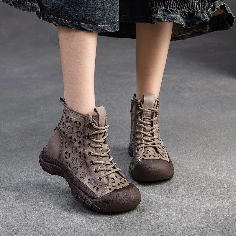 Johnature Damenschuhe aus echtem Leder, weiche Sohle, hohle Sommerstiefel, vielseitige, atmungsaktive Vintage-Sandalen