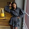 Ensemble chemise à manches lâches gris foncé pour femme et jupe à ourlet à volants