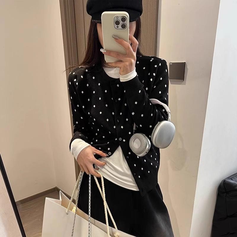 O Neck Polka Dot Knit Cardigan Sweater Women Autumn Winter Korean Jackets New Long Sleeve Outerwear Top Fashion Elegant Basic Clothing