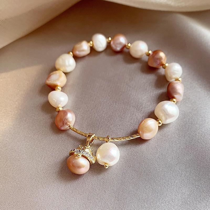 Barockperlen-Katzenarmband für Damen, Rosa & Champagner Süßwasserperlen-Charmsarmband, Französischer Retro Süßer Kätzchen Schmuck Geschenk