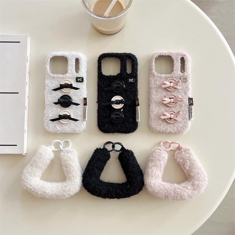 Winter Velvet 3D Bow Button Phone Case for iPhone 17/16 Pro Max/15/14