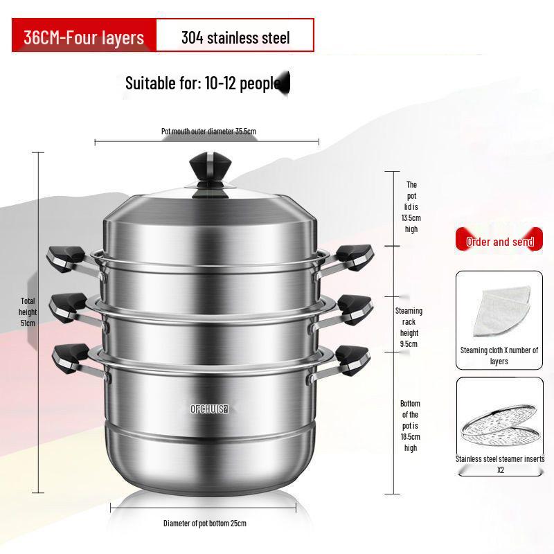 Large 304 Stainless Steel Three-Layer Household Steamer for Induction and Gas Stoves