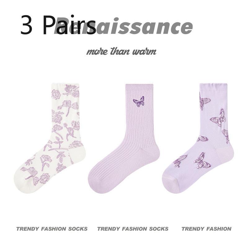 3 Pairs of Female Spring and Summer Thin Style Breathable Sports Tube Cotton Socks