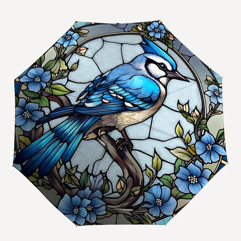 1pc Stained Glass Bird Compact Travel Umbrella, Automatic Folding Lightweight Windproof 8-Bone Reinforced Design,012119
