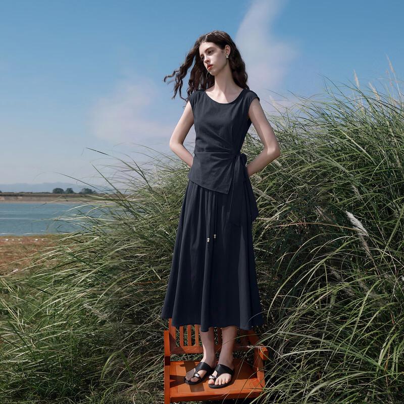 Sancai 2026 Summer Tie-Split Top & Pleated A-Line Skirt Set