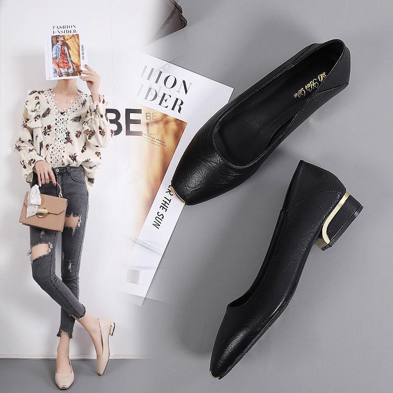 2025 Spring New Low-heeled Leather Women's Shoes Square Head Shallow Mouth Work Shoes Flat-heeled Leather Shoes Thick Heel Versatile