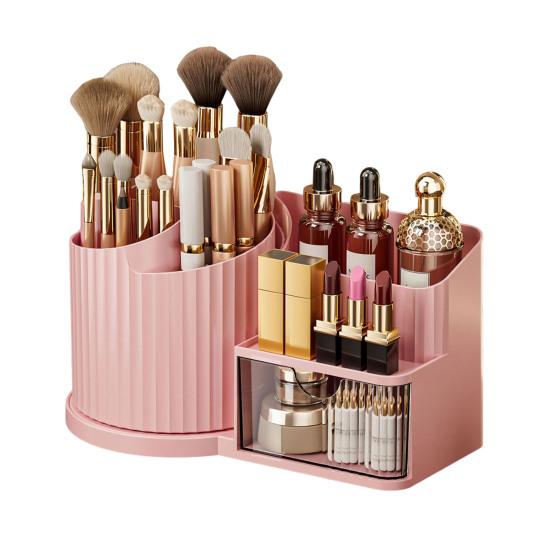 

Cosmetic Storage Box 360 Degree Rotating Makeup Organizer with Brush Holder Transparent Drawer Large Vertical Pattern Cosmetic Storage Box рожевий