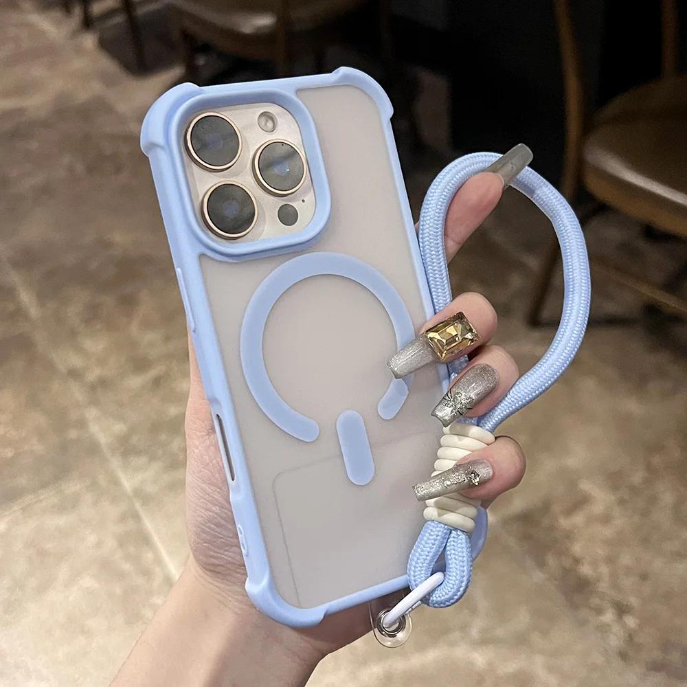 Matte Shockproof Armor For Magsafe Wireless Charge Case for iPhone 17 16 15 14 Plus 13 12 11 Pro Max Clear Wrist Strap Cover