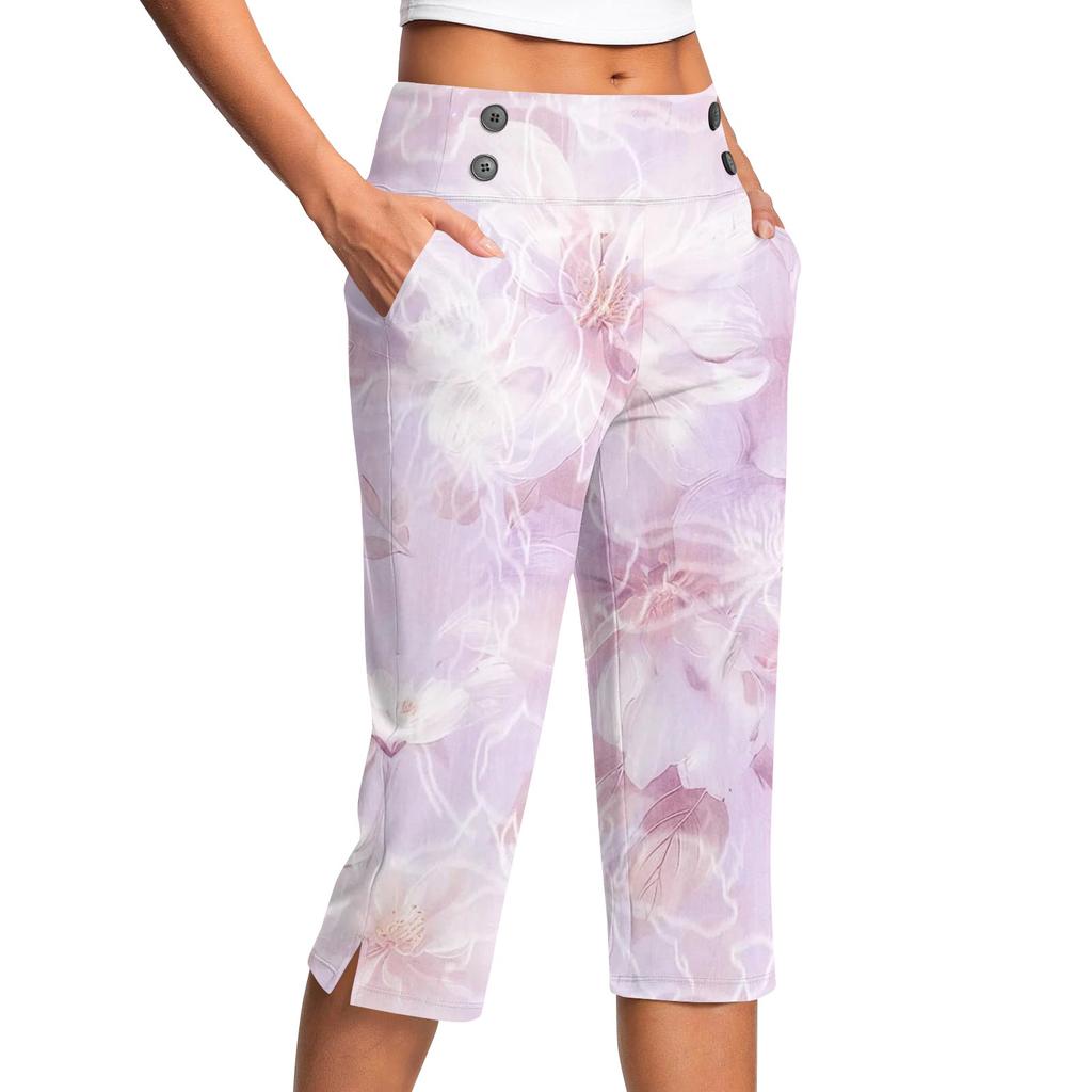 Women's Vintage Floral Print Button Pocket Trousers Slit High Waist Sports Yoga Casual Pants