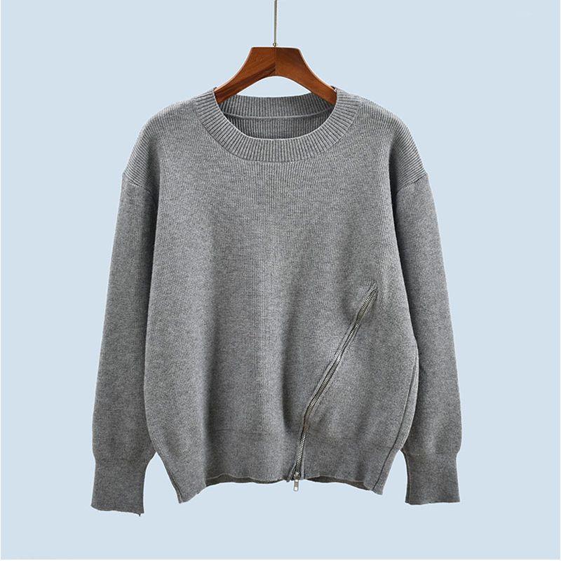 Round Neck Side Loose Zip Long Sleeves Autumn and Winter Knitting Sweater Pullover Bottoming Shirt Asymmetrical Women's Clothing Tops
