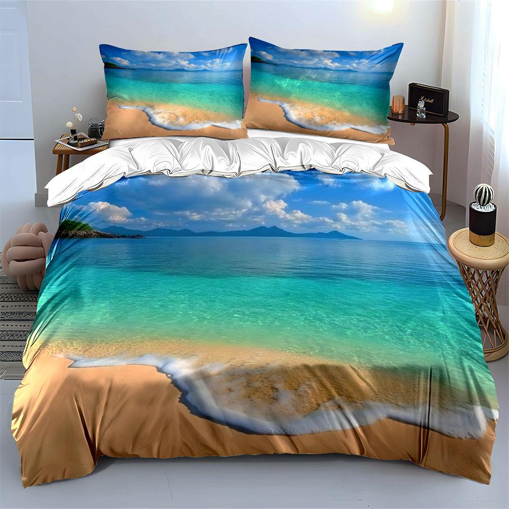 Strand mit klarem Wasser Realismus Druck Bettwäsche Set 1 Bettbezug 2 Kissenbezüge für Erwachsene und Kinder Luxuriöses Geschenk King Size