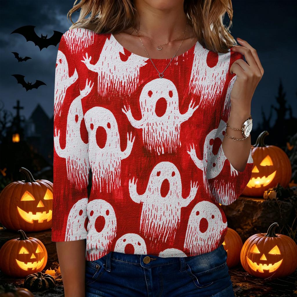 Women's Casual Round Neck Three Quarter Sleeve Halloween Print T Shirt Top Lightweight Comfortable Fit