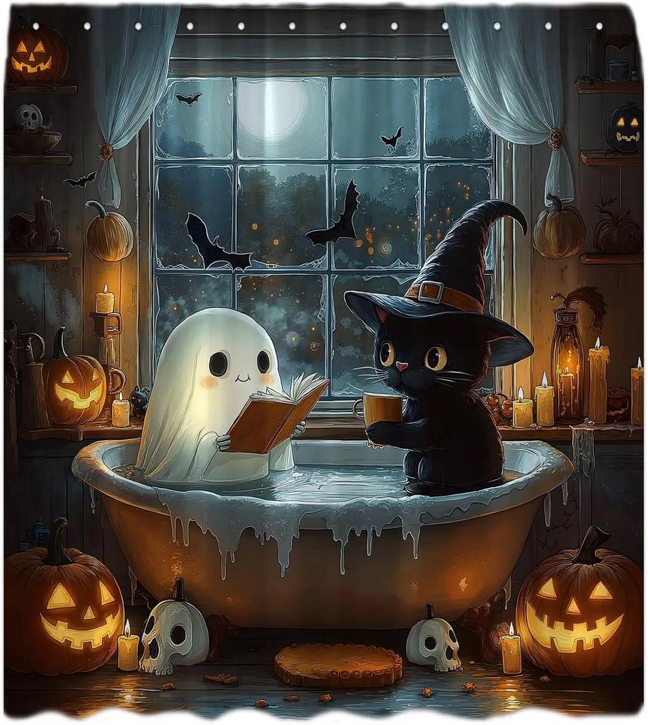 Halloween Funny Ghost Shower Curtain Spooky Gothic Cute Ghost Black Cat Reading In Bathtub Pumpkin Bat Skull Dark Horror