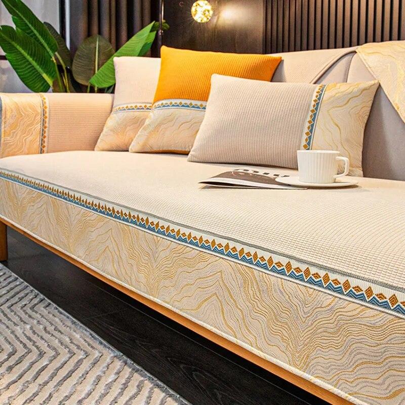 Jacquard Wide Edge Sofa Cover Anti-skid Grid Plush Cushion Warm Cover Sofa Towel Embroidery Webbing Sofa Cushion Cover For Home