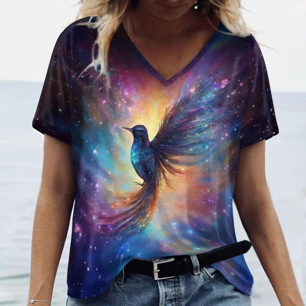 Summer Fashion Bird Parrot 3D Print T-Shirts Women V-Neck Short Sleeve T Shirt Y2k Tops Tees Oversized Harajuku Woman Clothing