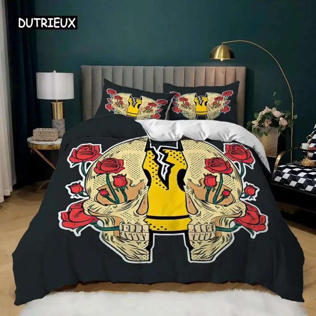 Skull Duvet Cover Queen Size Gothic Skeleton Bedding Set Rose Flower Polyester Comforter Cover for Kids Teens Adults Halloween