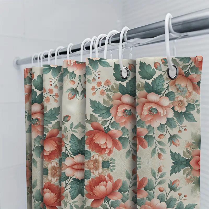 Floral Print Shower Curtain Rustic Style Bath Decor For Home Decoration With Hooks Included In 3D Floral Design Fabric Waterproo