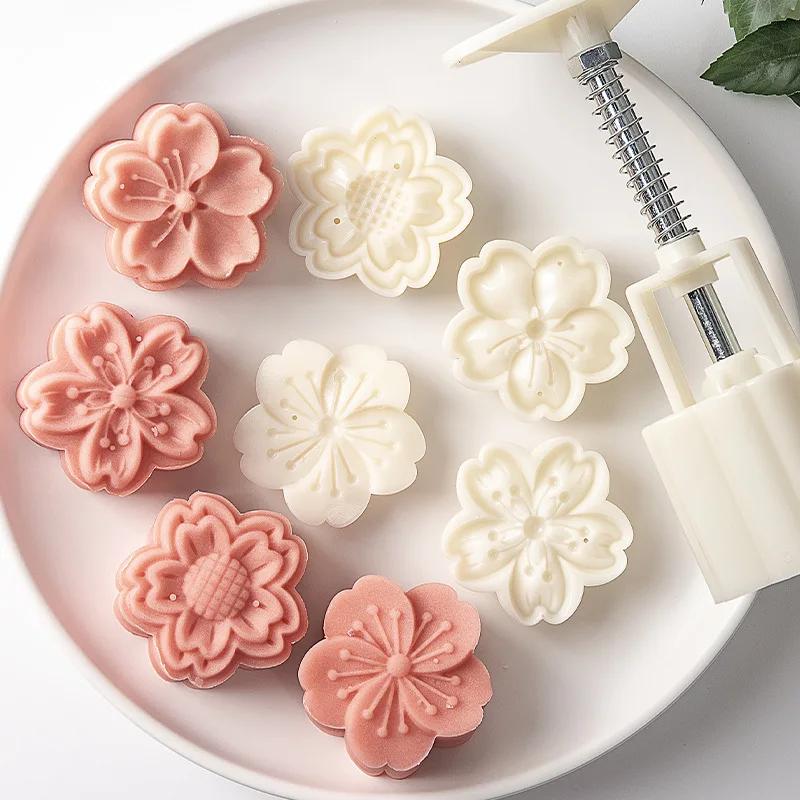 Pastry Decoration Plunger Tools Mid-Autumn Festival Mooncake Mold Hand-Pressure Cookie Stamps with Floral Sakura Patterns