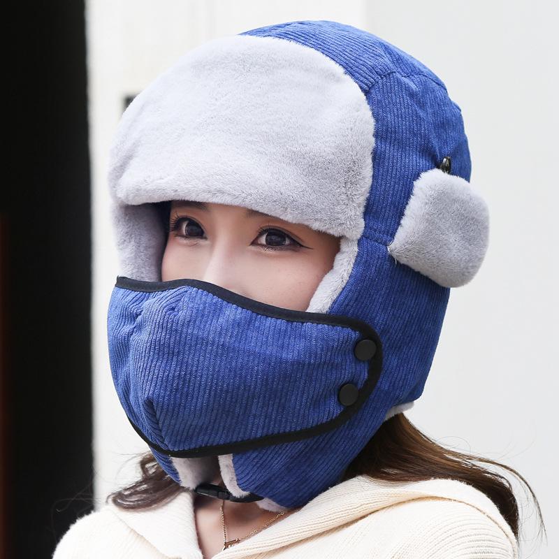 Female warm imitation rabbit fur corduroy with mask winter travel male cute velvet thickened cotton hat