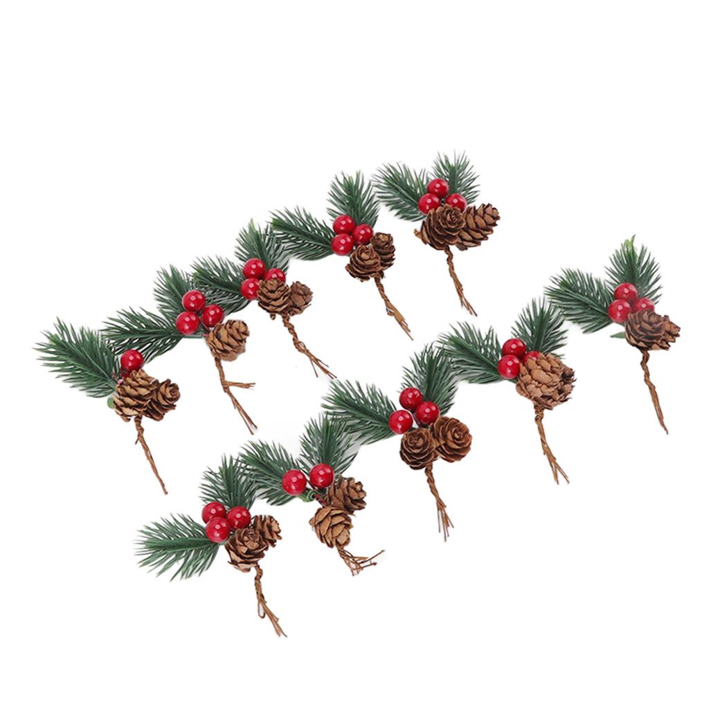 10Pcs Christmas Picks Pinecone Red Berry Pin Needle Artificial Delicate Christmas Decorations