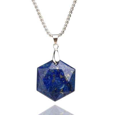 Genuine Lapis Lazuli Hexagonal Star Necklace Healing Crystal Adjustable Natural Gemstone Necklace Reiki Quartz Jewelry Stainless Lapis Lazuli Pendant,