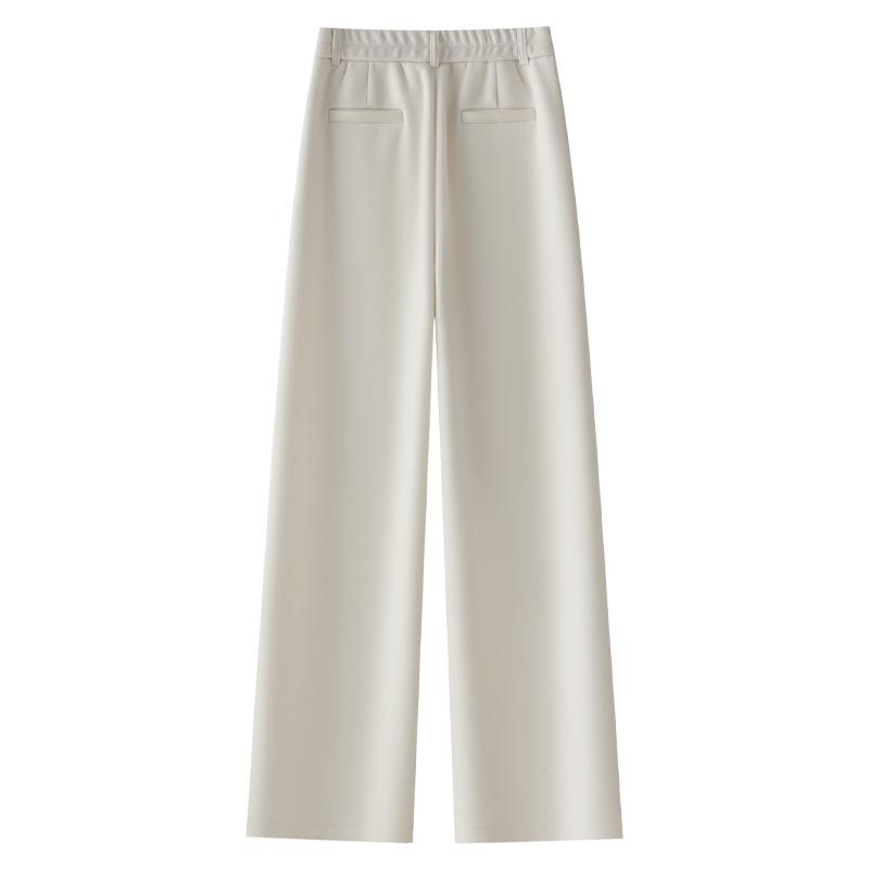 Beige Fleece-Lined Wide-Leg Woolen Pants for Women - New 2024 Autumn/Winter Collection