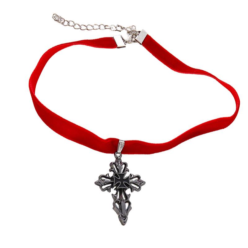 European & American Dark Style Velvet Choker with Hollow Cross Pendant