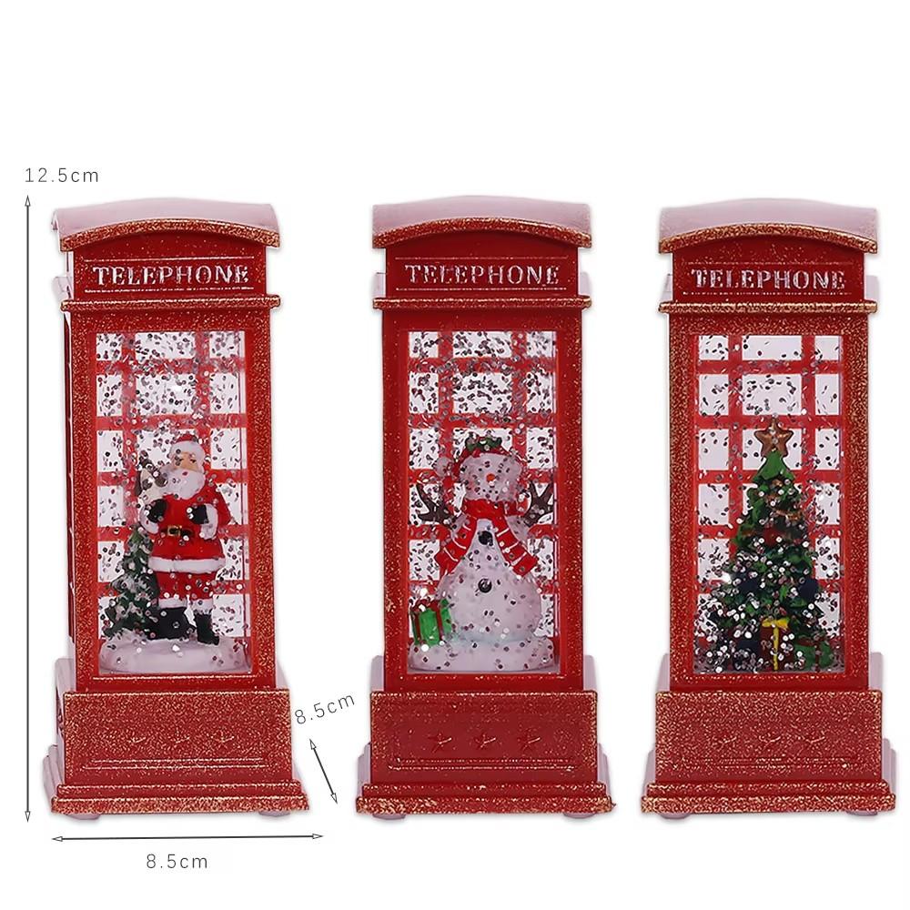 Christmas Phone Booth Decoration with Santa Claus, Snowman & Tree - Red Retro Telephone Booth Ornament With Light Home Decorator