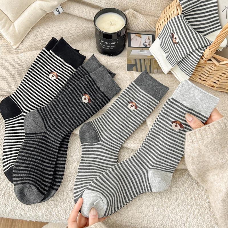 Sock Girl Autumn Embroidered Cartoon Dog Mid-calf Socks Trendy Striped Pile Socks Cotton Socks Girl