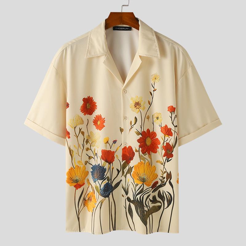 

INCERUN летние мужские рубашки с коротким рукавом с цветочным принтом, праздничные пляжные гавайские футболки бежевый