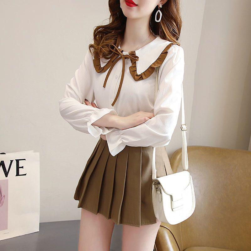Women's Two-Piece Set: College-Style Doll Collar Shirt and High-Waist Pleated Skirt