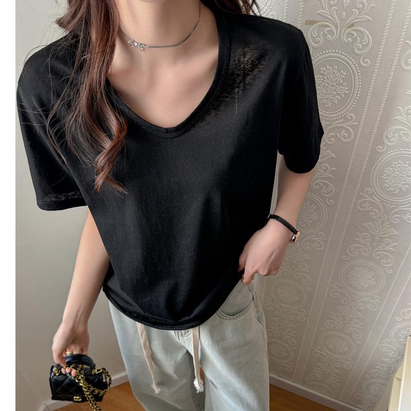 Snowflake Cotton Korean Version Women's Clothing V-neck Loose Front Shoulder Short-sleeved T-shirt Women's High-end Sense Lazy Wind Wear Solid Color C