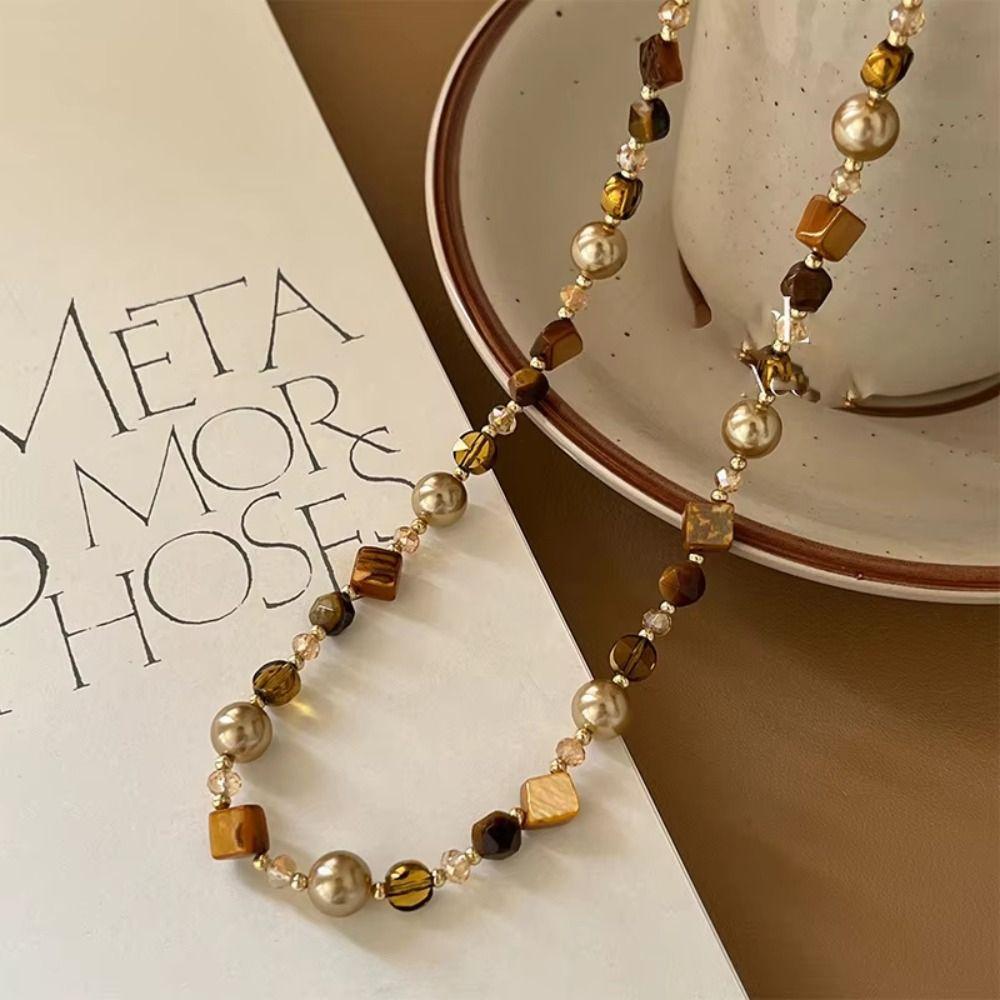 Brown Natural Tiger Eye Stone Vintage Choker Necklace New Trendy Beaded Chain Necklace  Gift