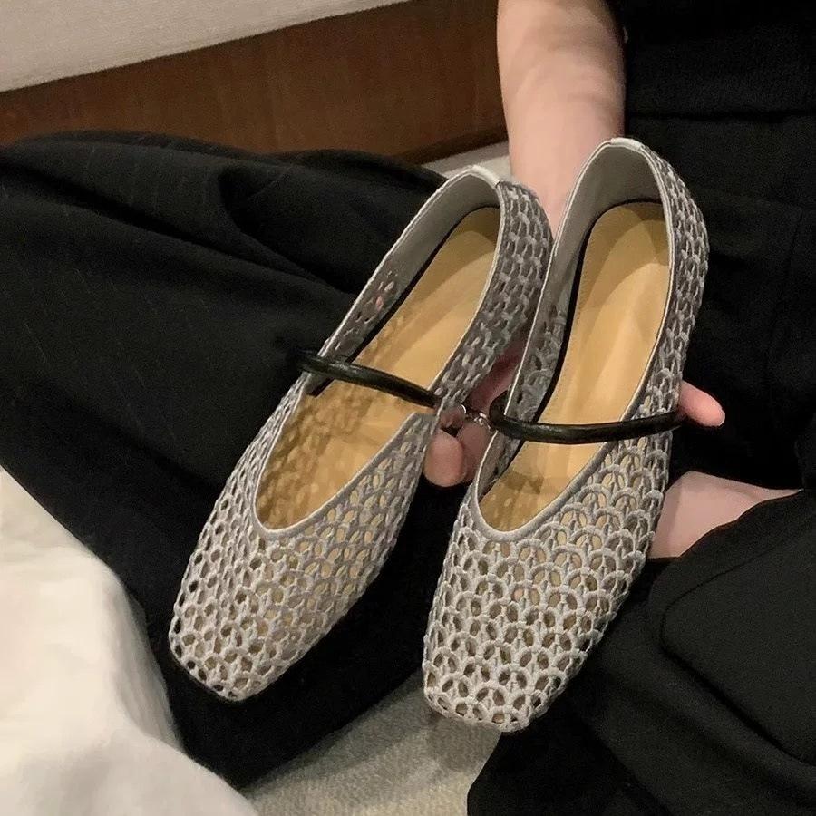 Summer Wear Round Toe Casual and Comfortable Women's Flats Cut-out Mary Jane Single Shoes Vintage Woven Mesh Shoes Female