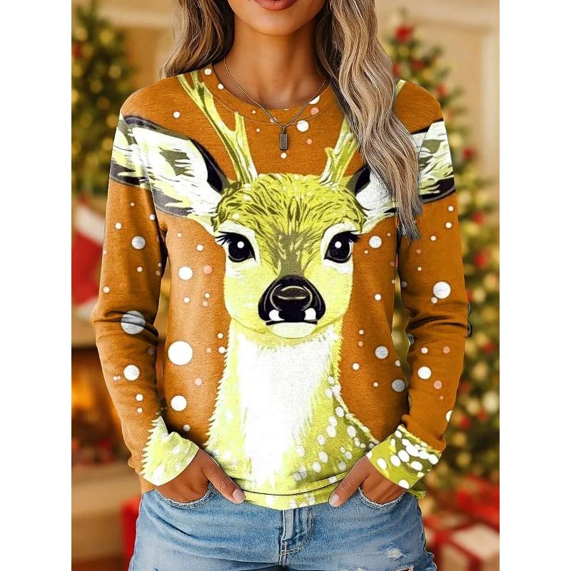 Women's Vintage Reindeer Print Long Sleeve T-shirts Christmas Party Round Neck Holiday Gift Top Fall Winter Festive Style