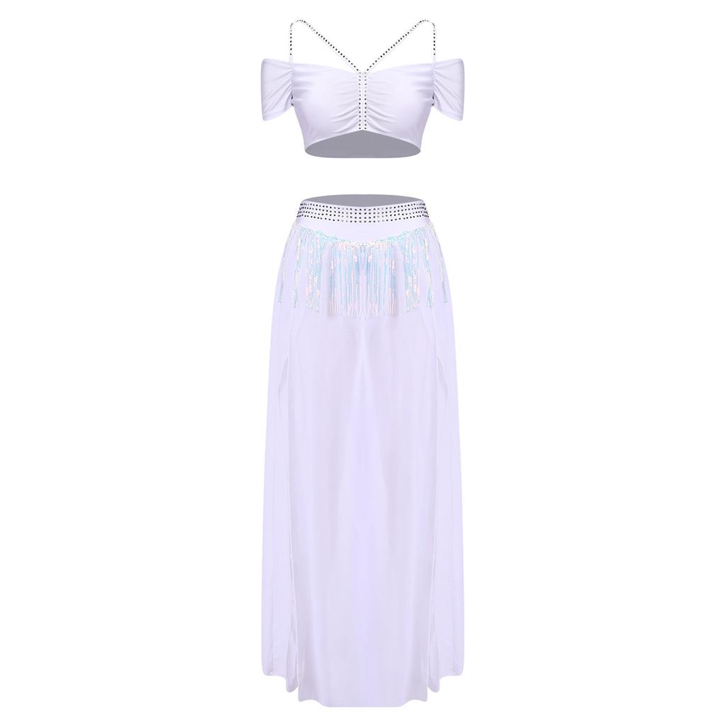 Womens Chiffon Wide Leg Pants Sequins Tassel Slit Belly Dance Culottes Cold Shoulder Crop Top Rhinestone Waist Set