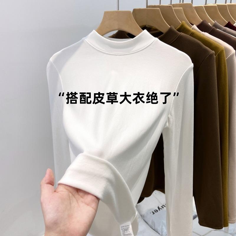 Spring polished thin velvet small stand-up collar with coat bottoming shirt women's inner top versatile long-sleeved T-shirt