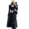 Women's Plus Size Elegant French Style Black Waist-Cinched Long Sleeve Dress